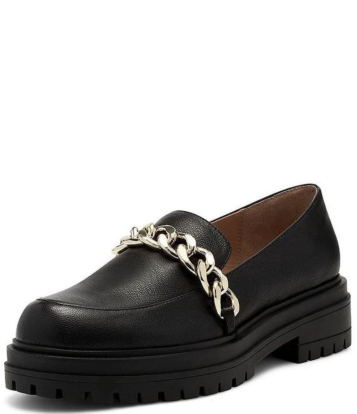 Disila Flat Chain Accent Slip On Leather Platform Loafers Black (BLACK, 7)